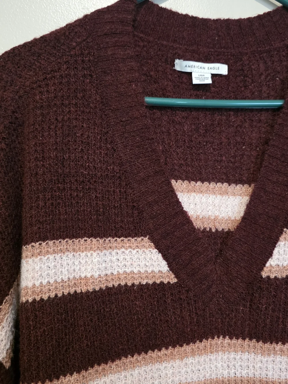 American Eagle Burgundy Striped Chunky Knit V-Neck Oversized Dolman Sweater L